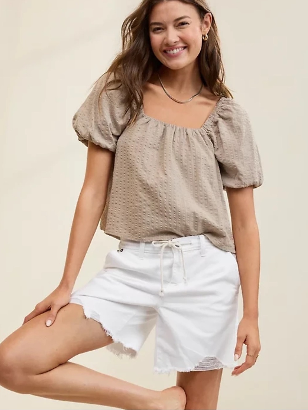 aerie Taupe Square Neck Puff Sleeve Top